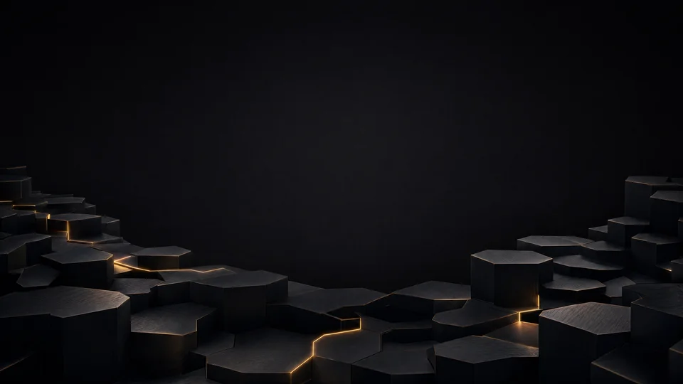 Dark charcoal hexagonal columns with subtle gold lighting and an open center